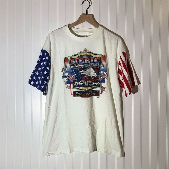 Vintage 90s Merica Patriotic T-Shirt XL USA Flag Sleeves Bald Eagle Tee 1996 - Picture 1 of 7
